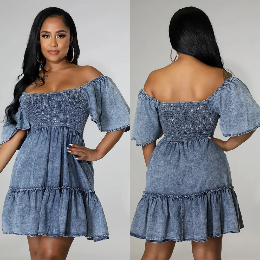 

Women Summer Pullover Loose Denim Short Sleeve Dress High Waist Sexy Mini Ruffles