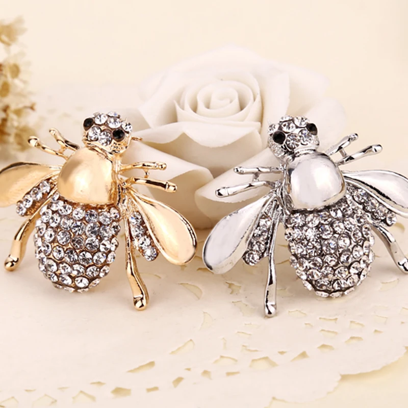 Funny 3D Proud To Bee Crystal Lapel Pins Golden And Sivery Animal Fly Rhinestone Mini Brooches Badge