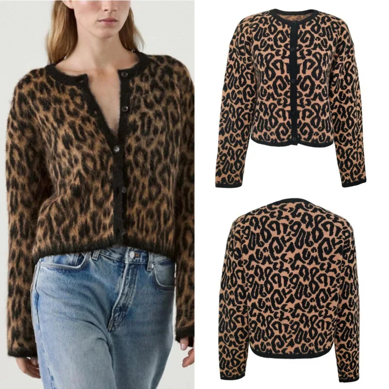 Leopard Print Knitted Cardigan Sweater Autumn Winter European America Women Cotton Single Breasted Cardigan Casual Loose Top New