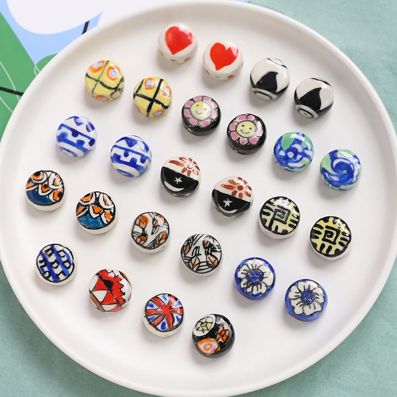 6pcs Japanese Painted Ceramic Straight Hole Round Beads DIY Handmade Ornaments Beaded Hand Necklace Earrings Loose Bead