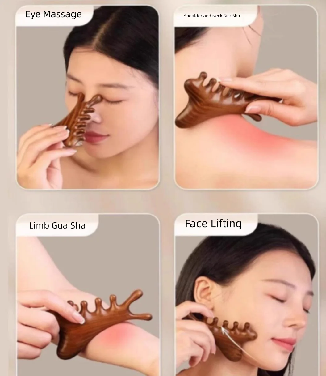 Multi-functional 4-in-1 Red Sandalwood Comb, Meridian Massager for Head Scraping, Massage Stick for Face, Eyes and Nose