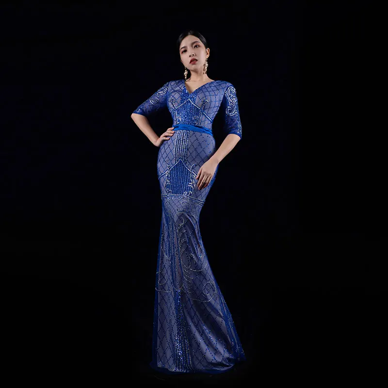 

Baisha Luxury Host Evening Dress Rhinestones Beading Performance Costumes Elegant Long Dresses H617