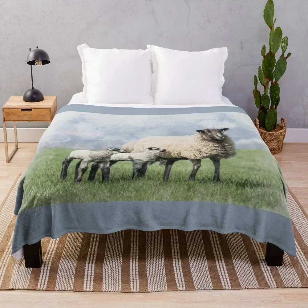 

Watercolour Effect Photograph of Sheep and Twin Lambs Throw Blanket Stylish Warm Blanket for Living Room Bedroom