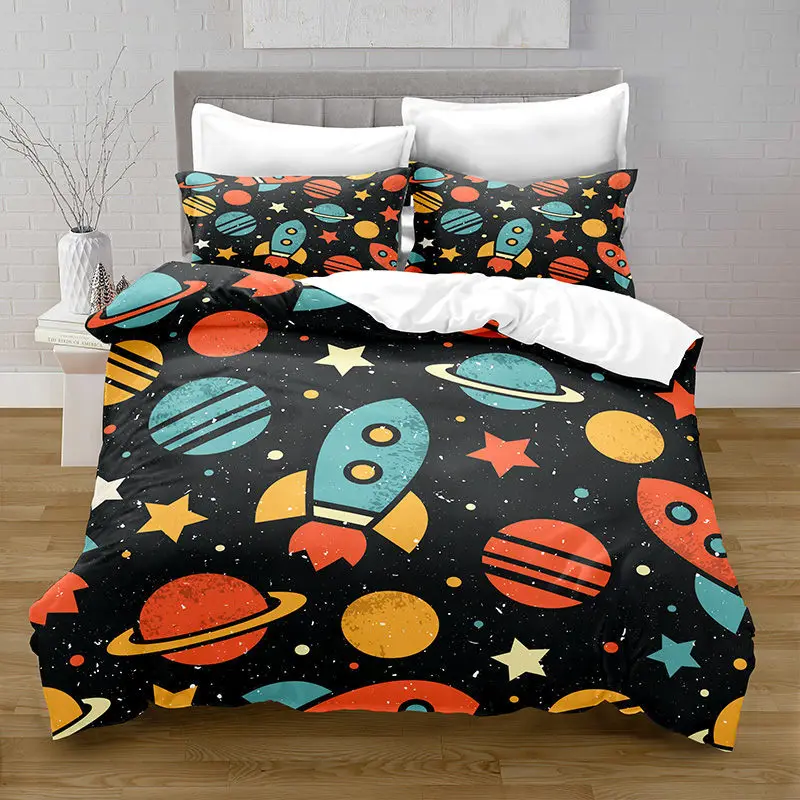

Outer Space Themed Kid Bedding Set Cartoon Rocket Planets Astronaut Duvet Cover King Queen Space Adventure Polyester Quilt Cover
