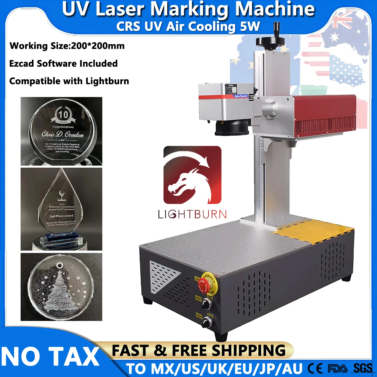 

5W CRS Портативный УФ-лазерный гравер Маркировочная машина Воздушное охлаждение для стекла Кристалл Металл Пластик ПВХ Дерево Акрил УФ-волоконный лазер