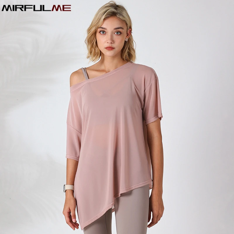 Women Yoga Shirts Thin Loose See-Through Sport Tops Breathable Short Sleeve Running T-shirt Forked Gym Fitness Top Blouse Female