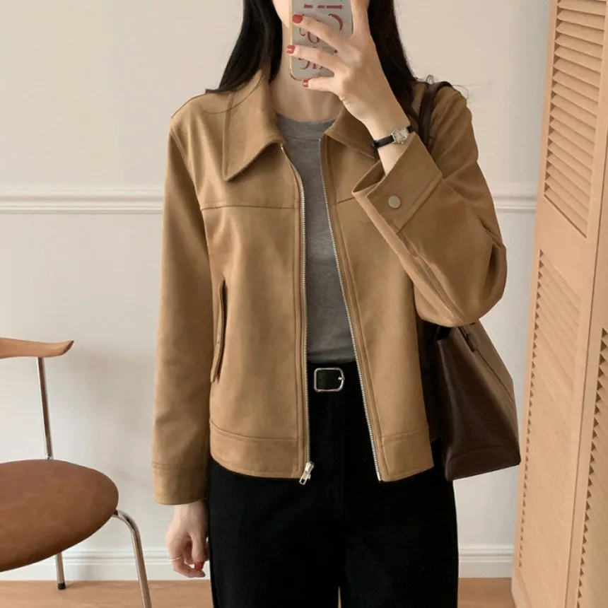 

Ретро-куртка из замши с воротником на молнии, женская модная весенняя верхняя одежда, приталенная, универсальная, с длинными рукавами, в байкерском стиле