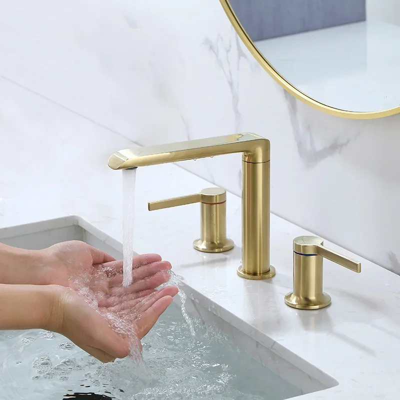 Basin Faucet Brushed Gold Brass Bathroom Sink Faucet 3 Hole Widespread Basin Mixer Double Handle Hot  Cold Water Tap New Arrival