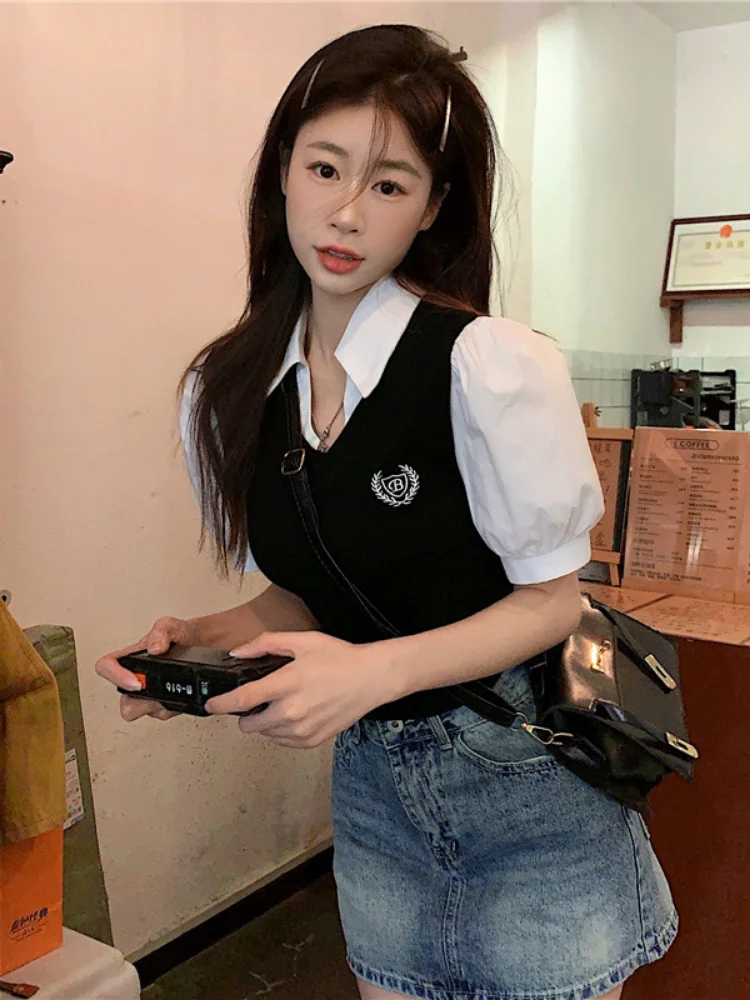 Y2k Aesthetic Harajuku Women Blouse Turn Down Collar Short Sleeve Shirt Contrast Color Patchwork Preppy All Match Fashion Blusas