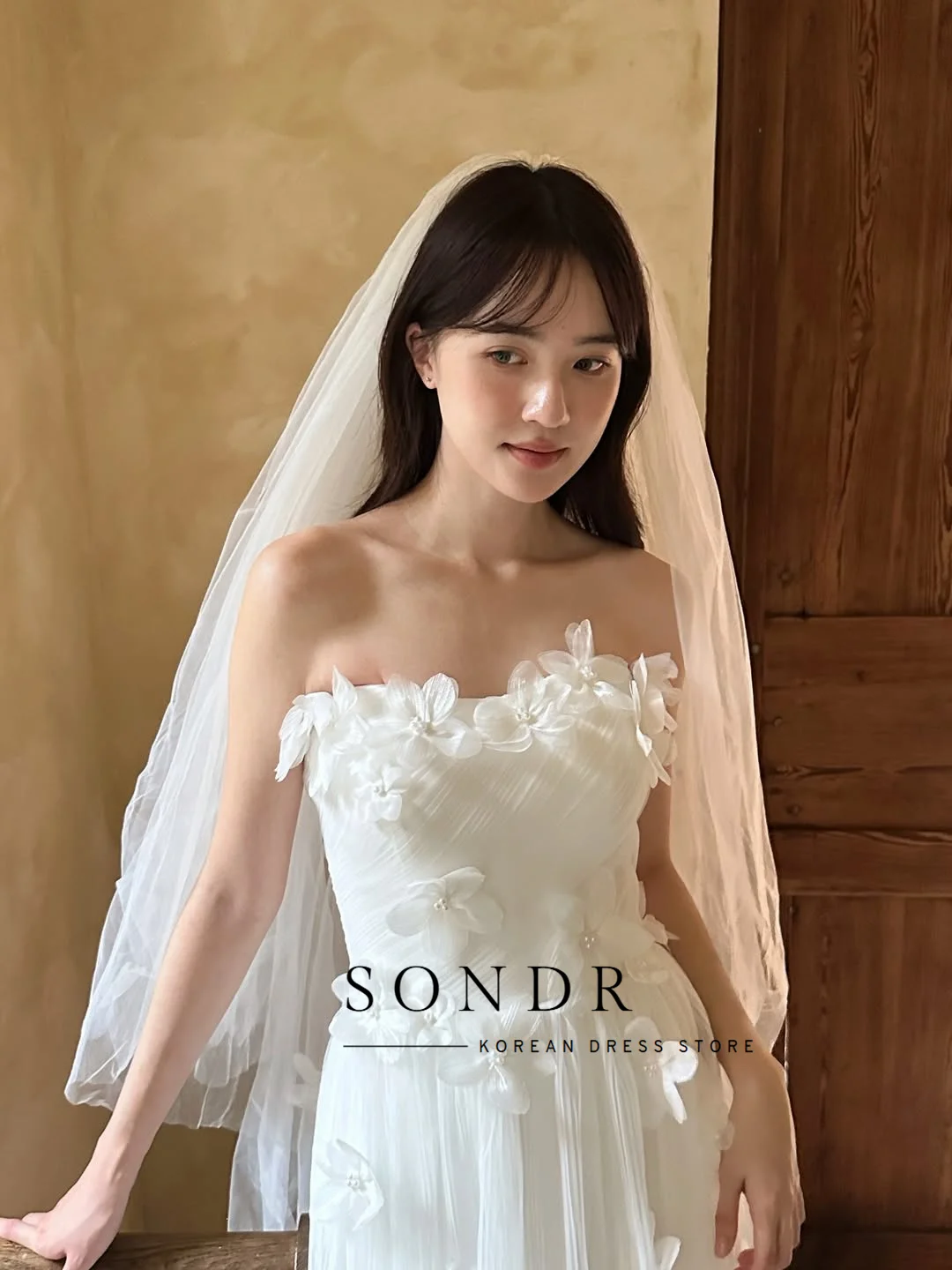 Sondr 3D Flowers Korean Wedding Dresses Boat Neck Tulle Japanese Wedding Party Dresses Photo Shoot Customized Party Gown