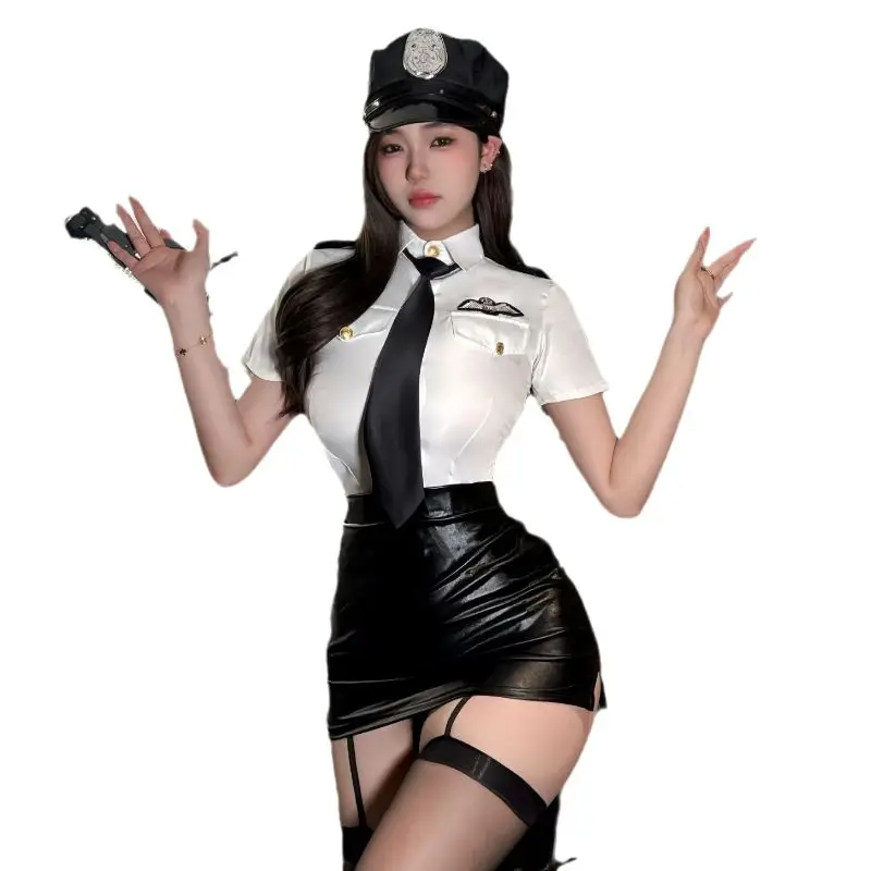 Sexy Lingerie Police Uniform Collocation Solid Color Shirt Adorn Leather Wrapped Hip Dress Necktie Black Suspenders Police Hat