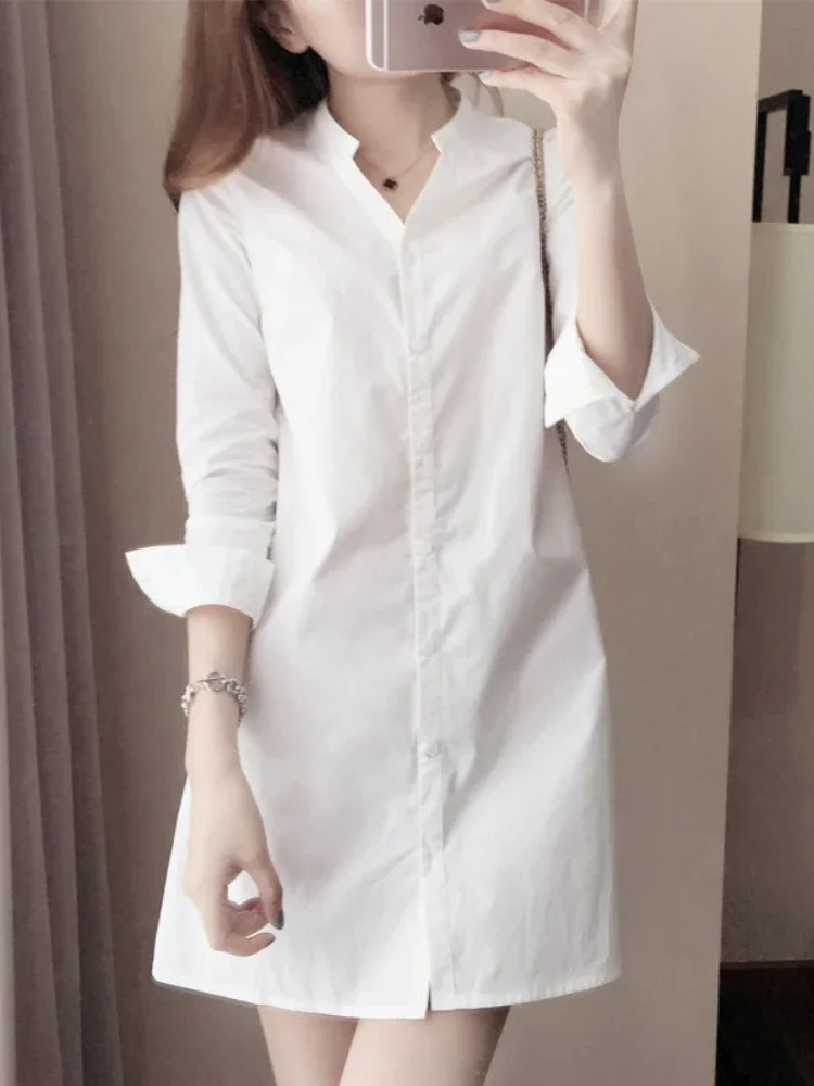 

Весенне-осенняя стильная персональная рубашка с v-образным вырезом, элегантная однобортная рубашка для похудения, женская блузка средней длины с длинными рукавами