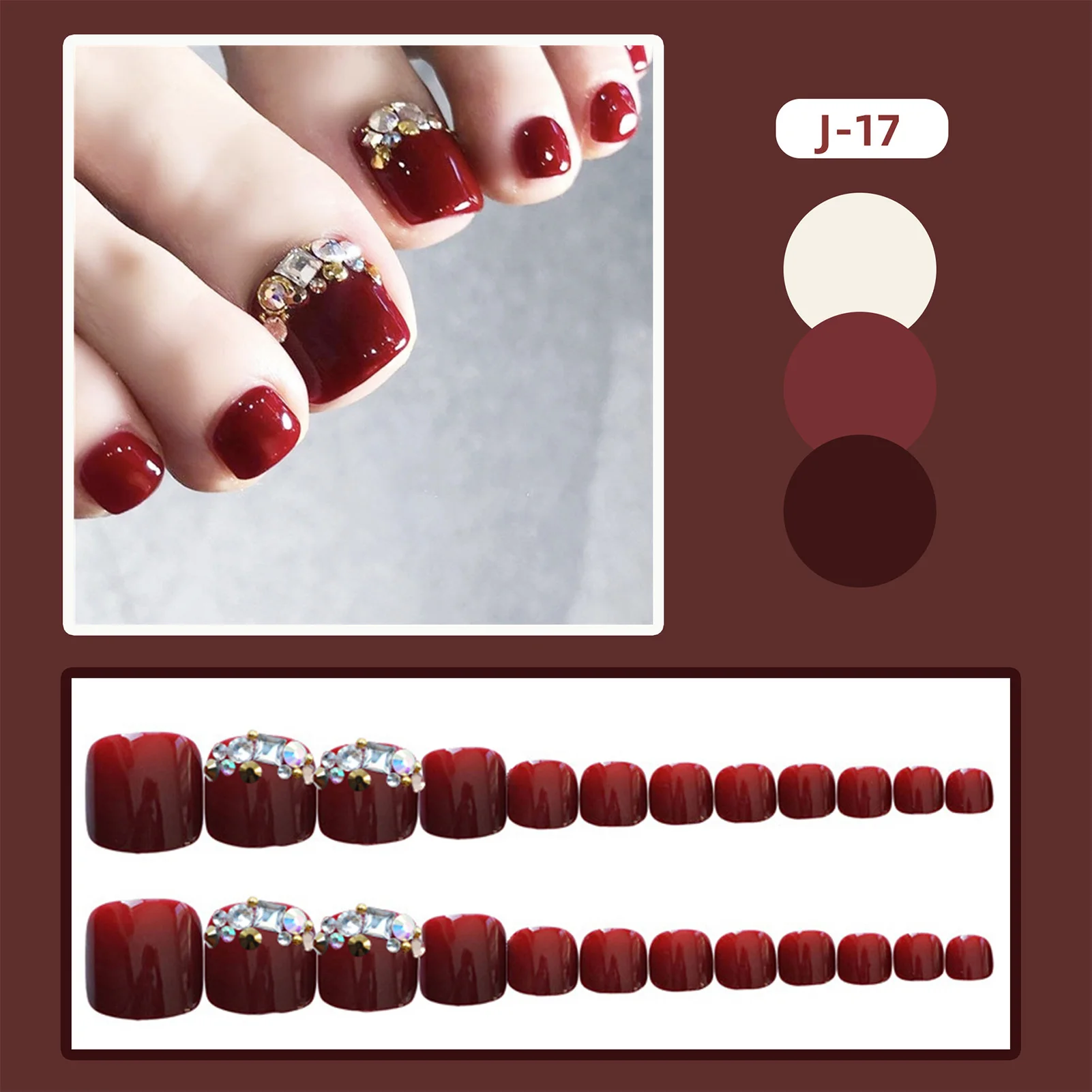 Unhas falsas vermelho-vinho com strass, sem cheiro irritante, Unhas de brilho superior para arte profissional, Salão de unhas