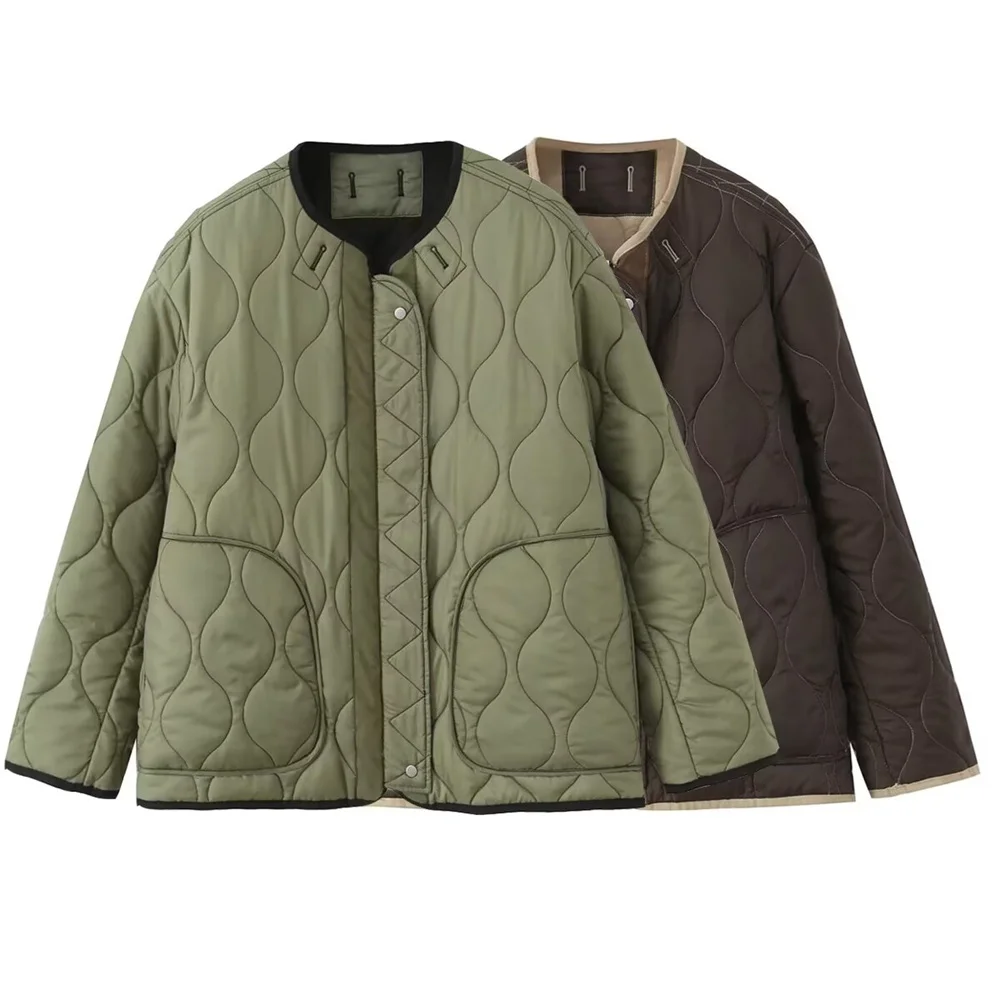 

Autumn New Arrival Women's Casual Crewneck Long Sleeve Colorblock Patchwork Reversible Cotton Jacket