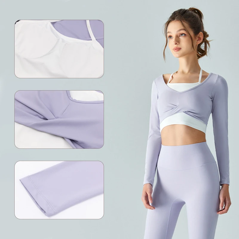 INLUMINE Fake Two Piece Sports Top Women With Chest Pad Semi Fixed Bra Hanging Neck Cross Slim Yoga Fitness Clothes Street Wear