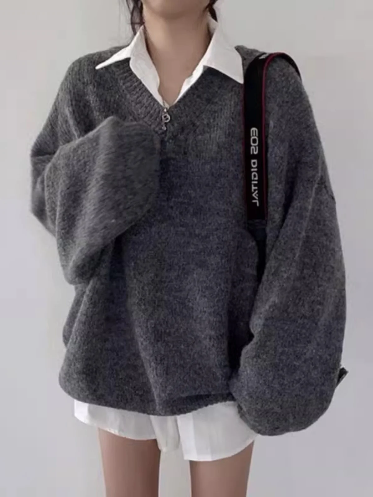 Ele V-Ne Long Sve تريكو المرأة فضفاضة تناسب مريحة Sle ربيع الخريف موسم اللون عارضة أعلى