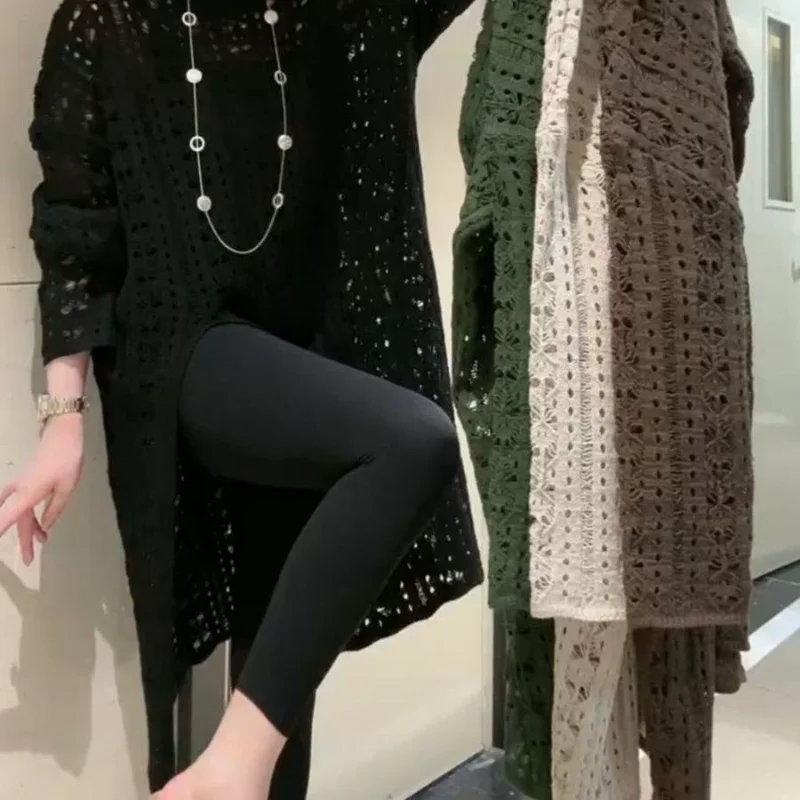 Women European Style Elegant Retro Hollow Out Hem Split Sweater Loose Mid Length Knitted Shirt Autumn Winter Fashion Dress