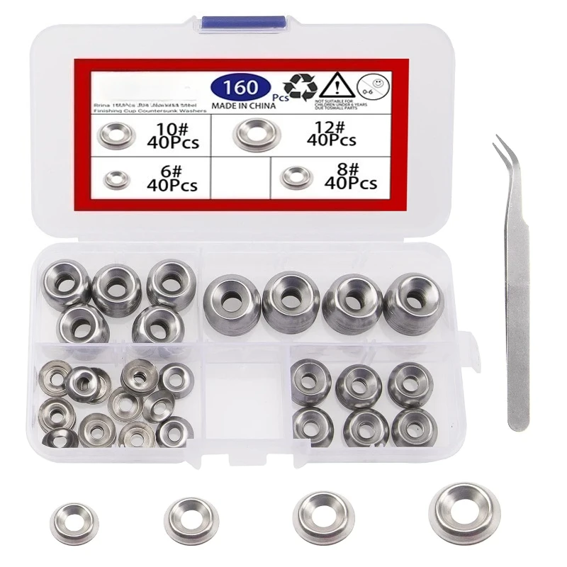 160pcs 6#/ 8#/ 10#/ 12# 304 Stainless Steel Countersunk Concave-convex Washer Hollow Decorative Fisheye Gasket with Tweezers