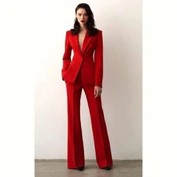 Luxury Red Suit Women Single Breasted Notch Lapel 2 Piece Jacket Pants Blazer Set Formal Office Lady Slim Fit Female Clothing