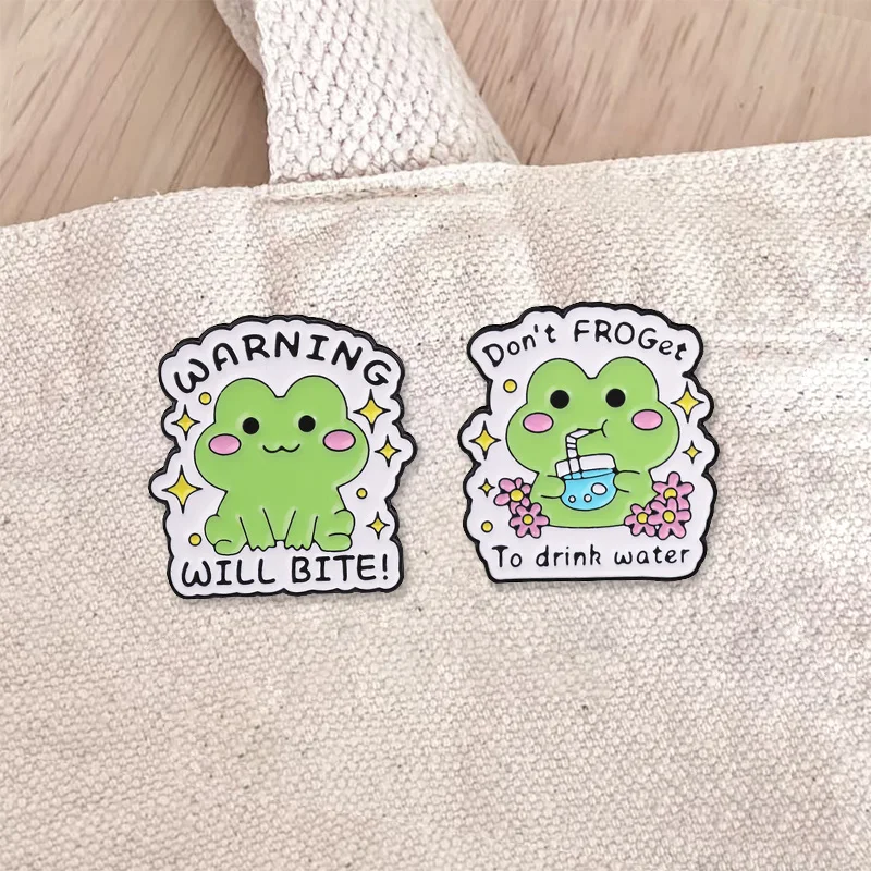 Warning Will Bite Don't Froget Enamel Badge Cute Frog Style Pin Drinking Water Flower Star Metal Brooch Lapel Accessory