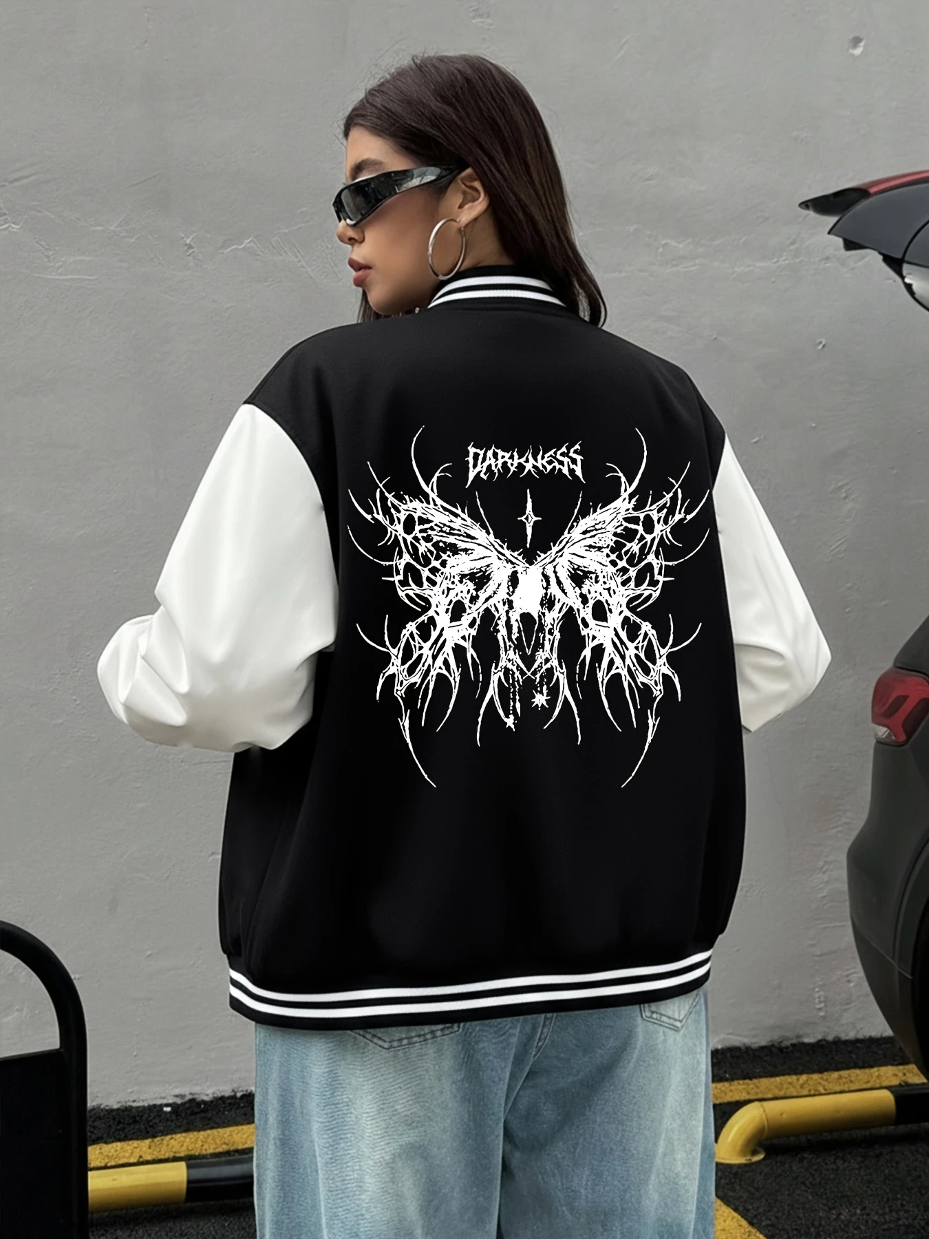 Gothic Street DARKNESS Letter Skull Butterfly Pattern Print Women'S Fleece Baseball Jacket Snap Button Coat