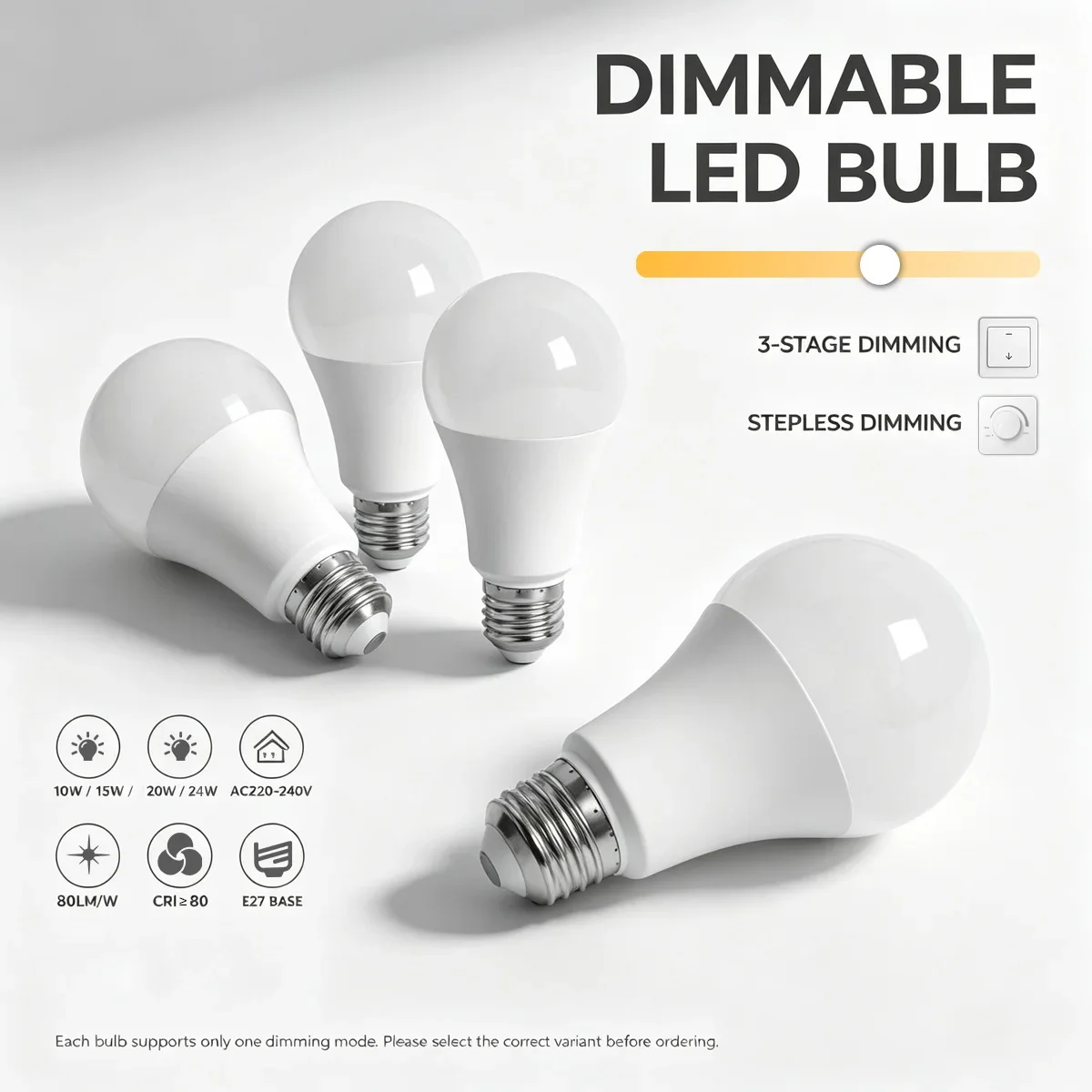 10W 15W 20W 24W Dimming LED Bulb AC220-240V Rotary Dimmable Smooth Stepless Dimming / Wall‑Switch Dimming Flicker‑Free Lighting