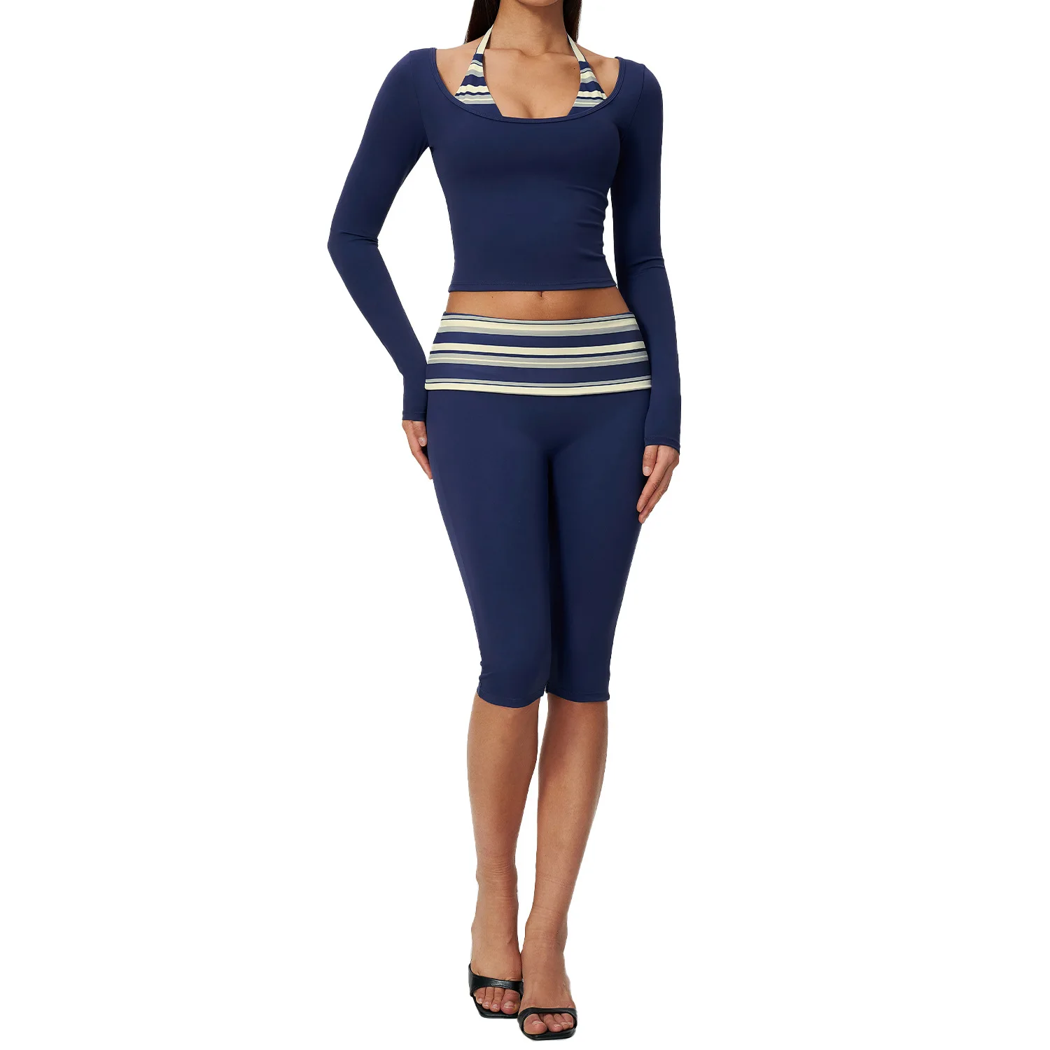 Women Yoga Workout 2Pcs Suit Long Sleeve Cropped Top Striped Fold Waist Knee Length Leggings Nude Feel Gym Pilates Running Sport