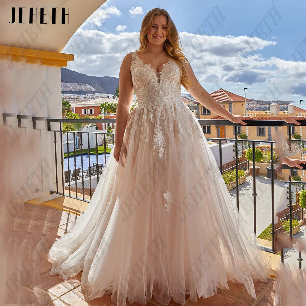 JEHETH Squisite V-Neck Abiti da sposa Plus Size senza maniche Zipper BackJEHETH squisiti abiti da sposa con scollo a v Plus Size senza maniche con cerniera sul retro abiti da sposa a-line Tulle Modern vestidos de novia