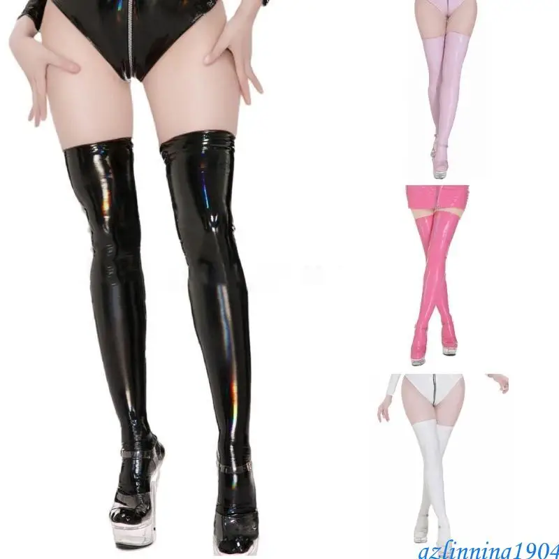 

L5YD Oil Glossy Over The Knee Socks Women's Faux Leather Thigh High Stockings Halloween Cosplay Costumes Hosiery Gifts