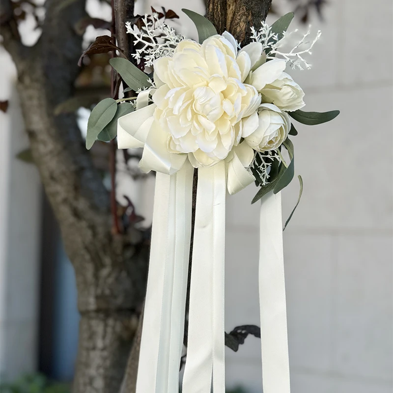 1PC Wedding Chair Back Flower Simulation Water Lily Willow Leaf Corridor Decoration Flower Chiffon Ribbon White Flowers