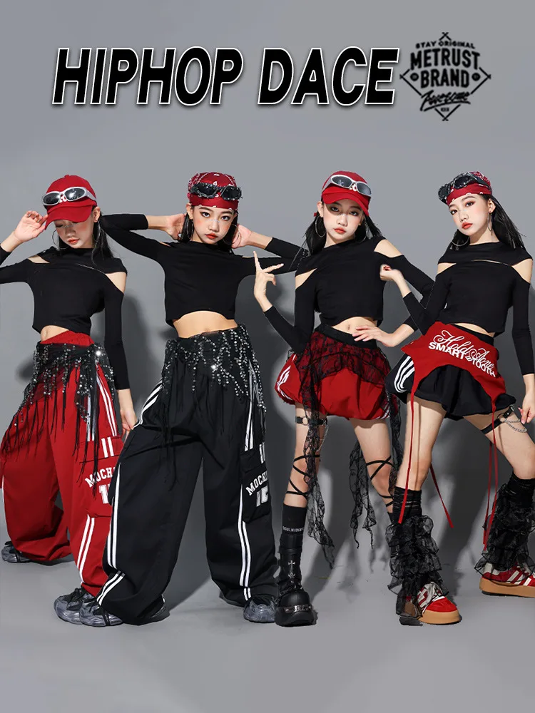 

Детская одежда для джазовых танцев, сценический наряд Kpop для девочек, красный укороченный топ, черные шорты, детский костюм для выступлений, наряд для уличных танцев в стиле хип-хоп
