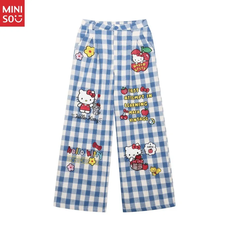 

Miniso American Vintage Style Fun Cartoon Embroidery Plaid Straight Leg Pants Men Casual Versatile Unisex Wide Trousers