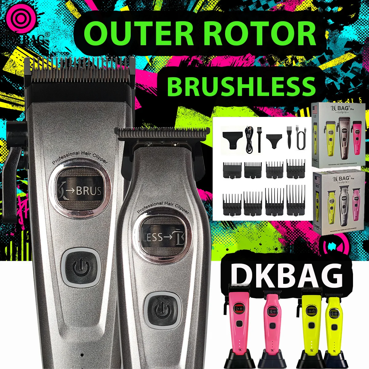 

Профессиональный набор для стрижки волос DKBAG: машинка для стрижки с внешним ротором, бесщеточным двигателем, лезвиями DLC, зарядным устройством и базой для хранения.