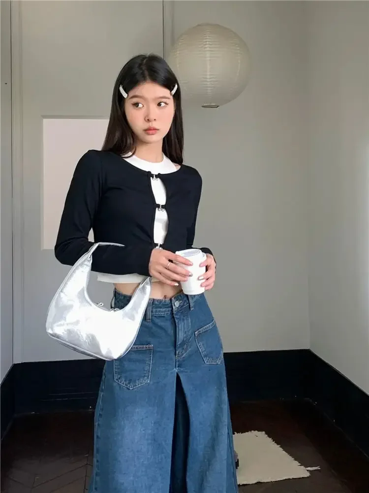 Crop Top Women 2 Pieces Set Long Sleeve T Shirt Tank Top Sexy Hollow Out Y2k Tshirt Streetwear Tee Korean Reviews Many Clothes