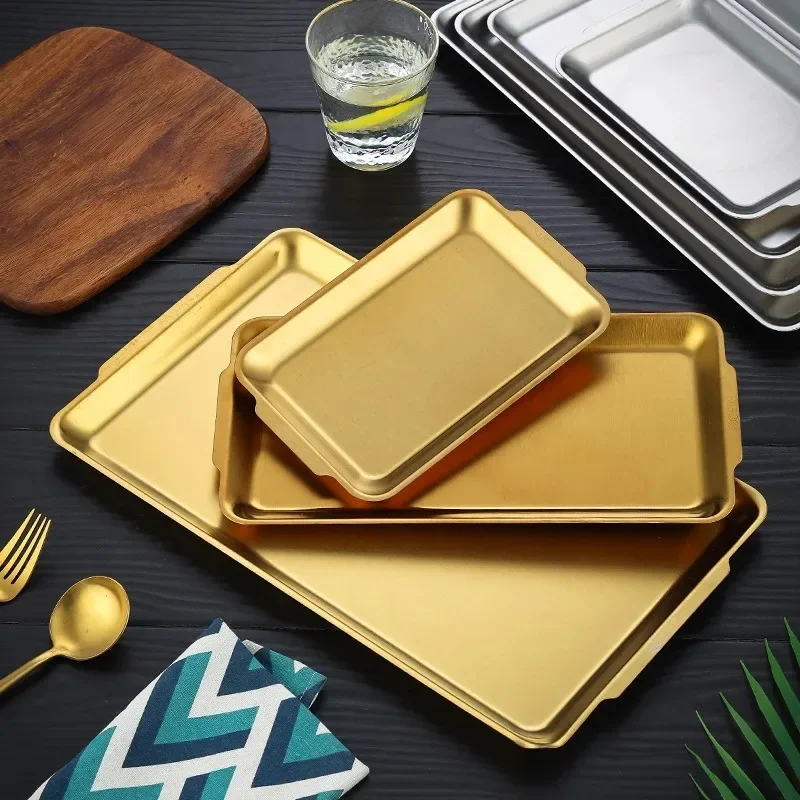 

Stainless Steel Korean Square Plate Thickened Frosted Gold Rectangular Plate Plate Korean Zibo Barbecue Meat