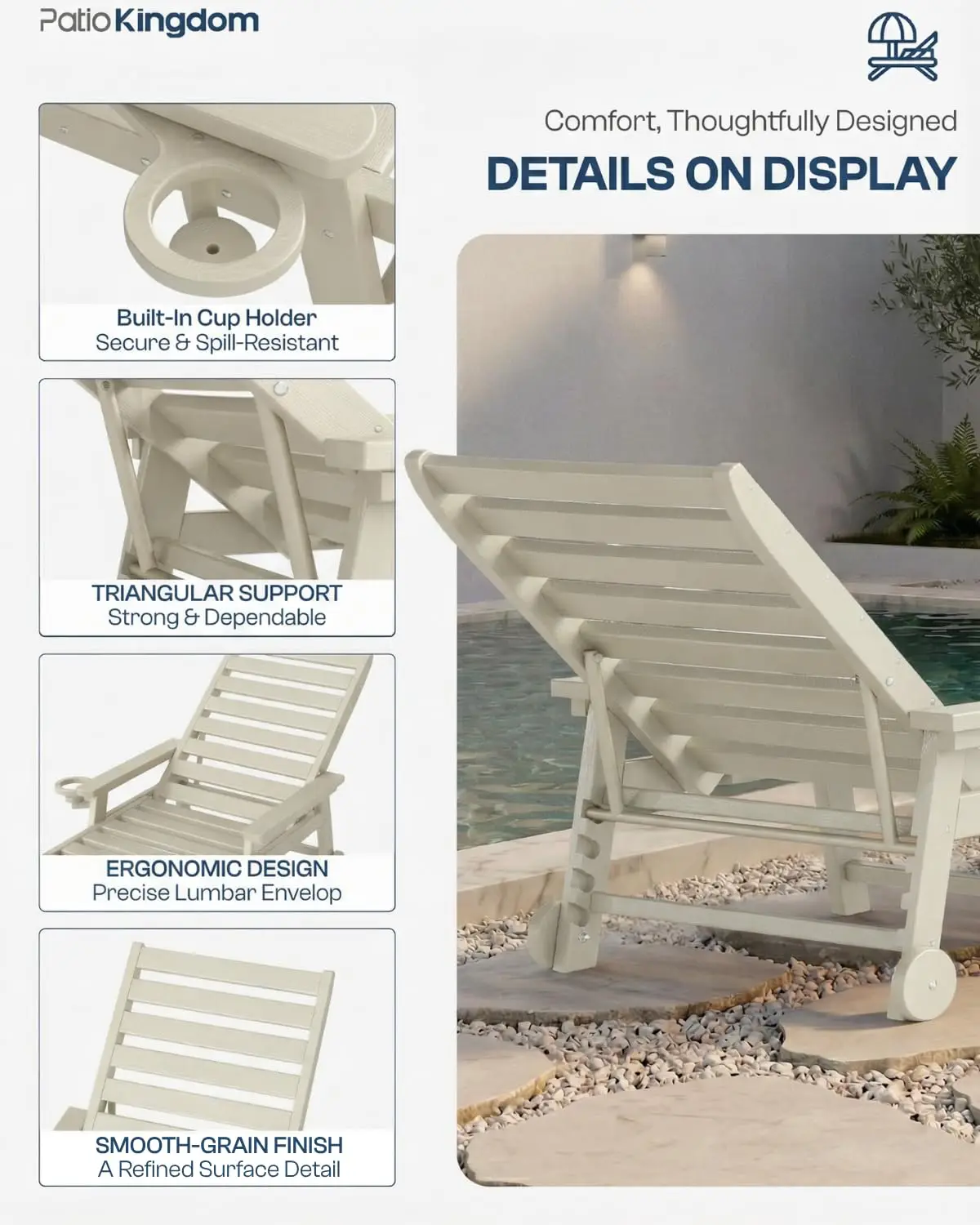 5-Position Adjustable HDPE Outdoor Lounge Chair with Cup Holder & Wheels, Poolside Beach Deck, White, Customized