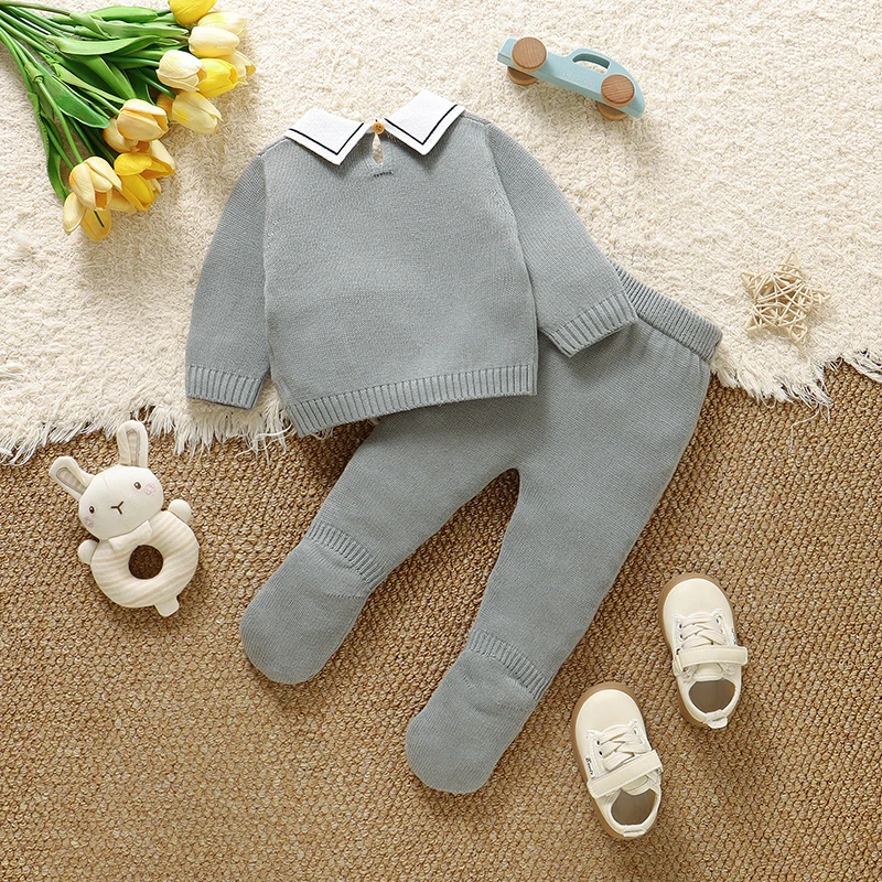 Newborn Baby Clothes Set Cotton Knit Infant Boy Girl Sweater +Pants Long Sleeve Foot Wrap Toddler Child Pollover +Trousers 0-12M