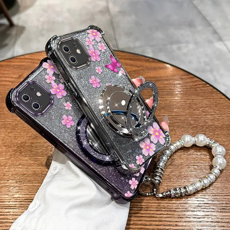 

Чехол-держатель для браслета с розовым бабочкой для iPhone 11 11ProMax XSMAX 12 11Pro 12ProMax XR 12Pro X XS 8 6 7 Cover