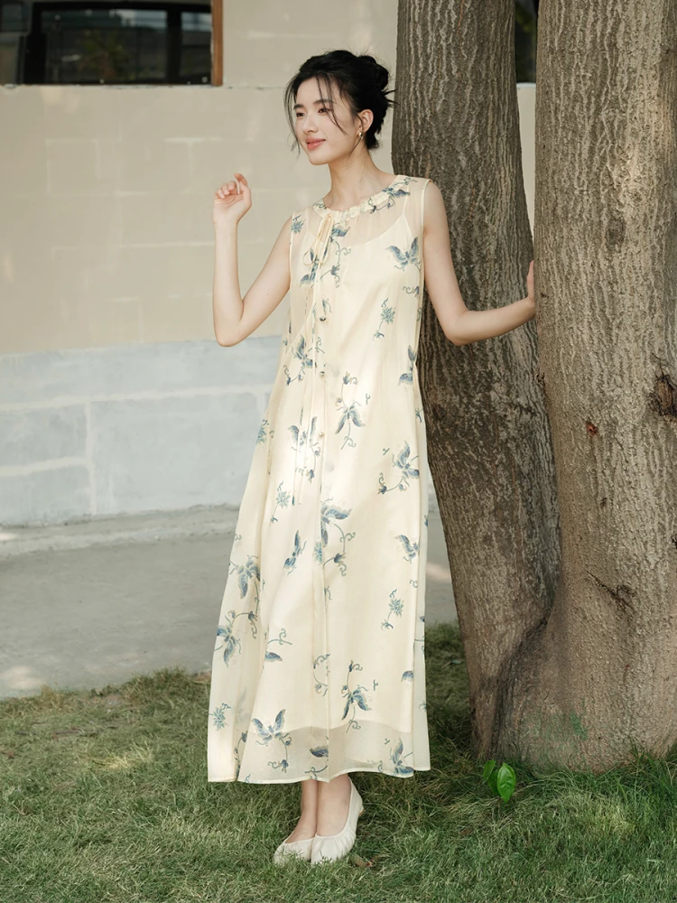 

Новое китайское платье ChuChani с цветочным принтом, длинное, женское, летнее, мягкое, свободное, с завязками на талии