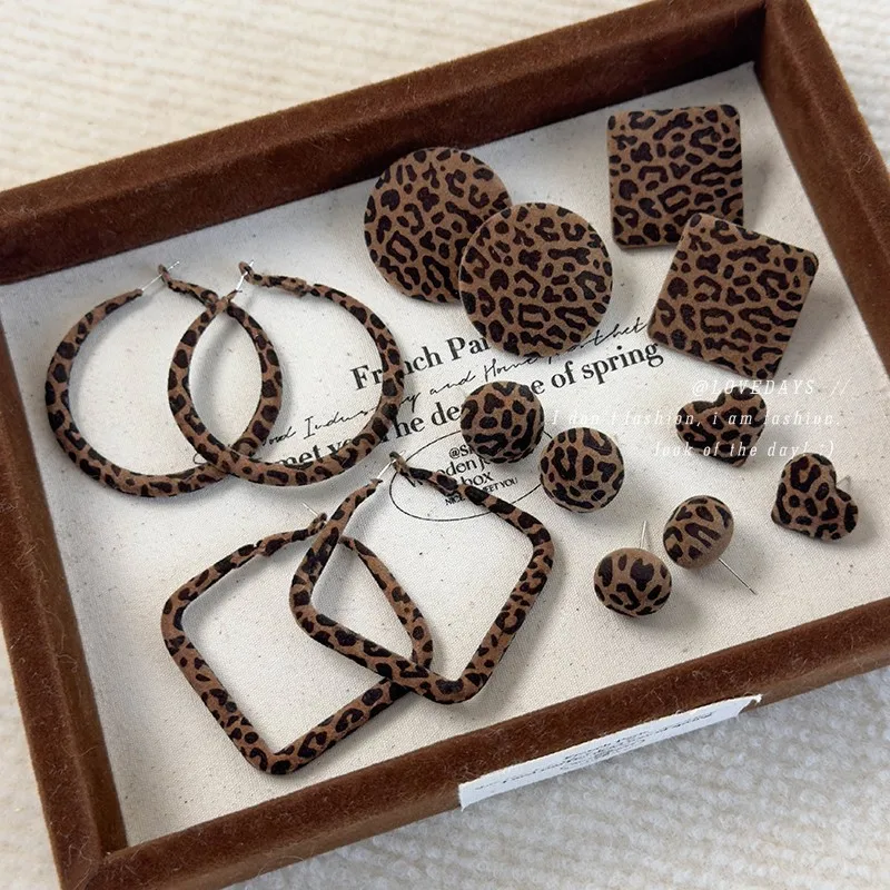 Flocked Geometric Leopard Print Stud Hoop Earrings for Women Vintage Korean Style Fashion Versatile Multiple Styles Available