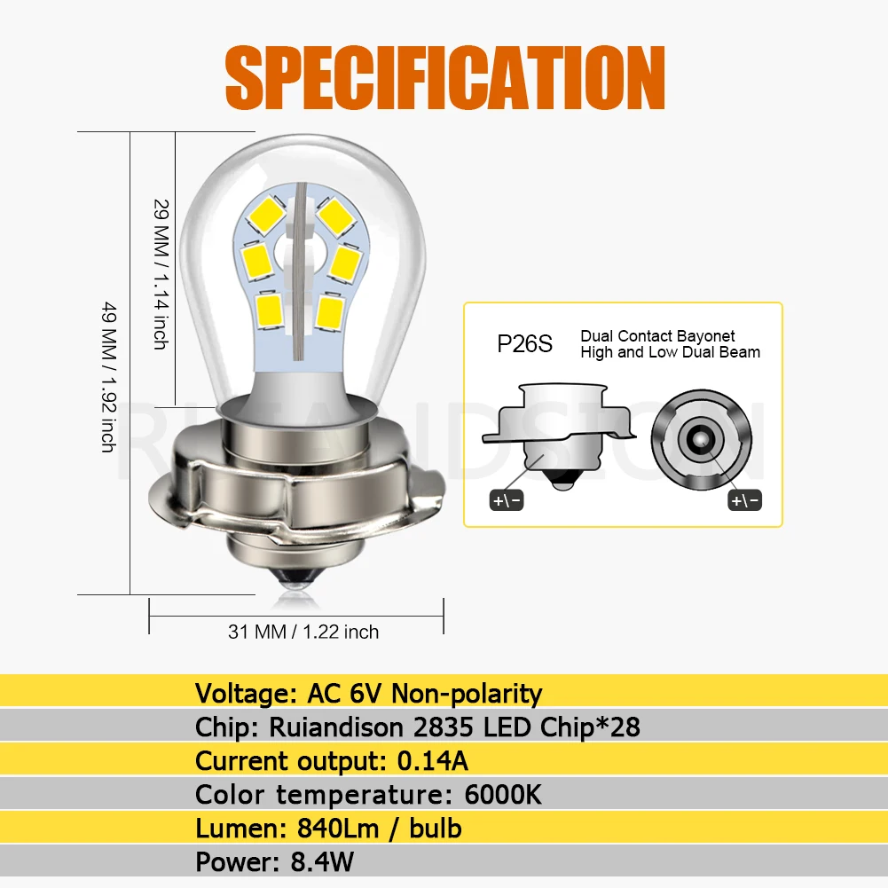 Two Pieces 6v LED Moto Bulb Motorcycle 6000k Headlight Motorbike Scooter Headlamp Fog Light Warm White - Image 5
