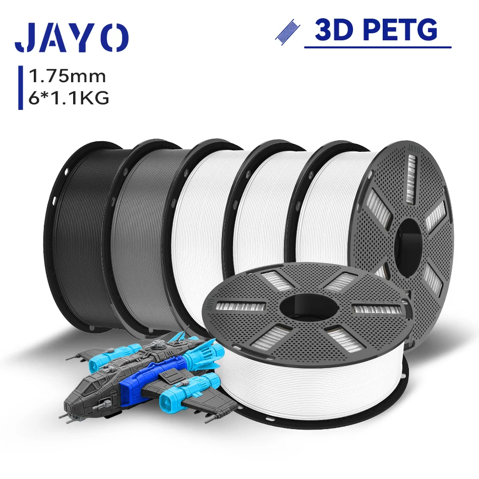 JAYO 6 Rollen 3D PETG/PETG Klares Druckerfilament 1,75MM Ungiftig & Blasenfrei Sauber Gewickelt 3D 99% FDM DIY Geschenk PETG-Material für 3D-Drucker & Stift