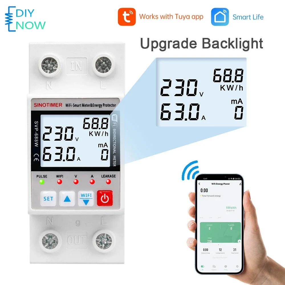 63A TUYA WIFI Energy Meter Metering Voltage Protector Leakage Over Under Voltage Protector Remote Control SVP-688W-B AC220V