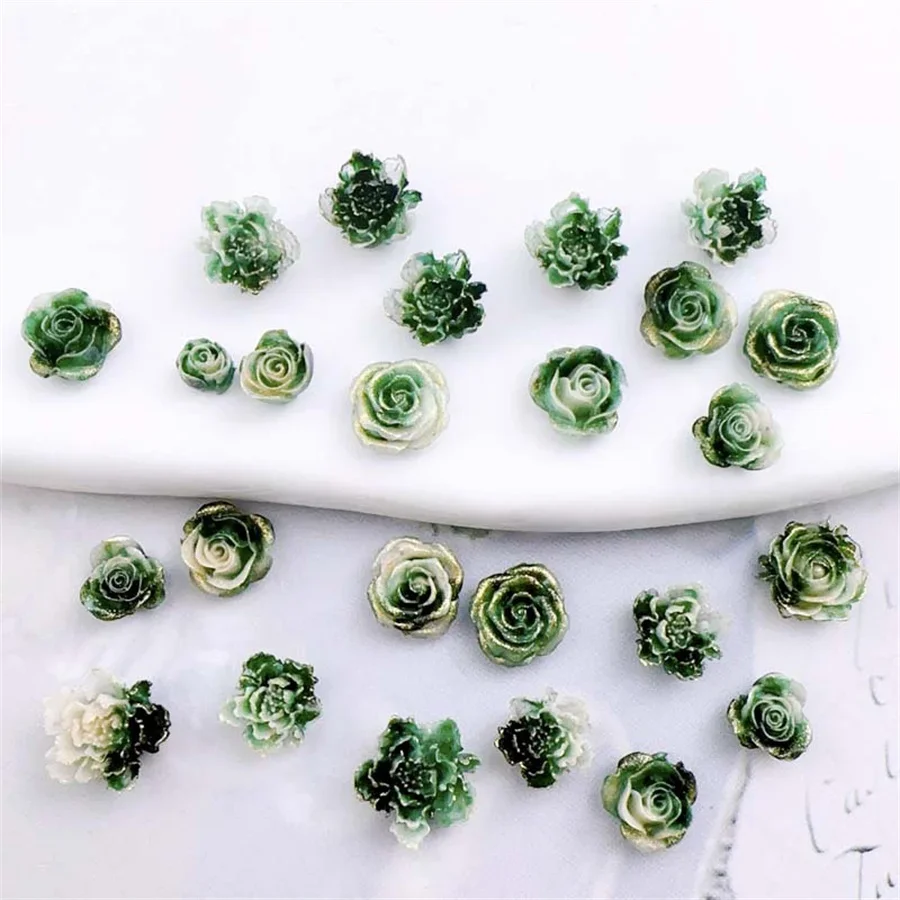 20pcs Kawaii Green Flower Resin Nail Art Charms Cartoon Mixed Camellia Bud Rose Nail Rhinestone Decorations Jewelry Accessories