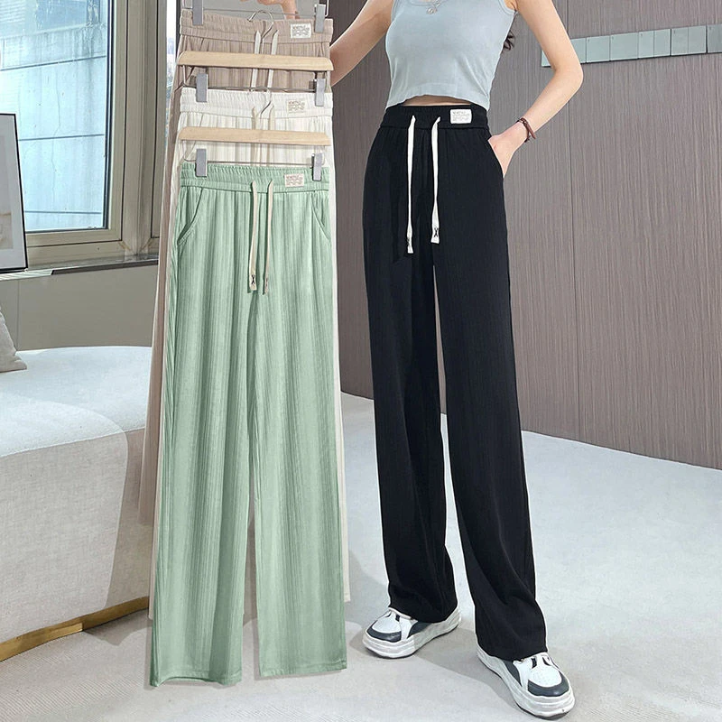 Slim Fit Wide Leg Pants Women's Summer New Style Modal Simulation Smooth Thin Casual Trousers High Waist Long Pants