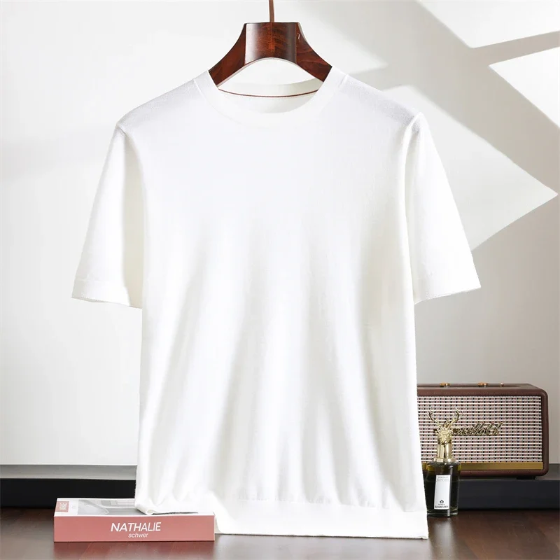

High End Men's 100% Worsted Wool T-shirt Round Neck Pullover Casual Business Knit Short Sleeved Top Summer Cool Comfortable Tees