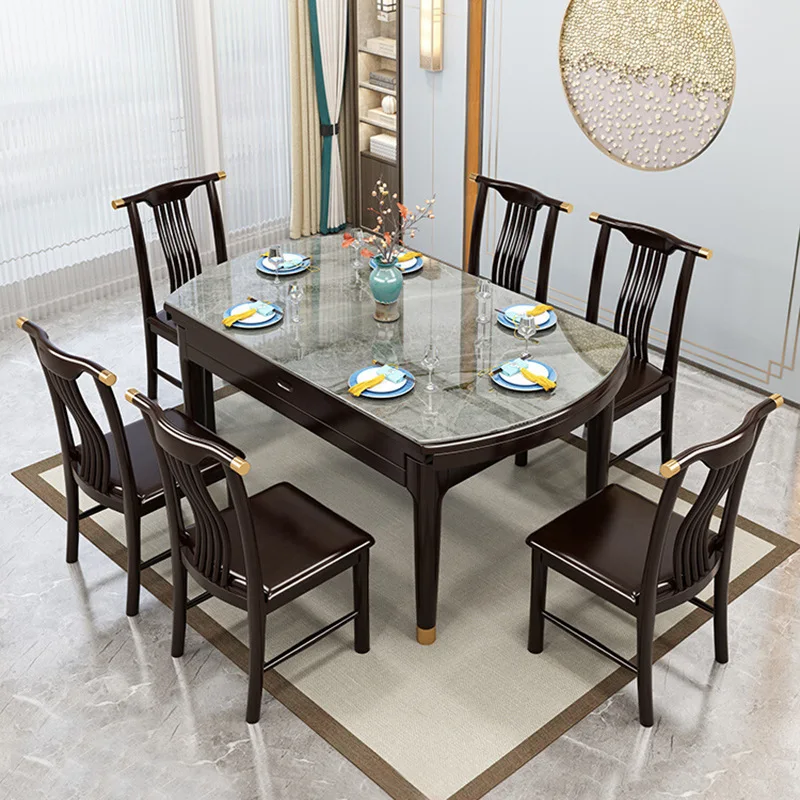 New Chinese slate dining table and chair combination can be folded into two square and circle household dining table, simple mod
