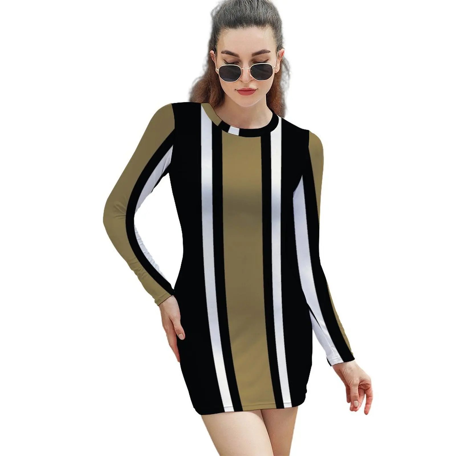 

Black, White, & Gold Vertical Power Stripe Long-Sleeved Sheath Dress long dress women Women's summer skirt