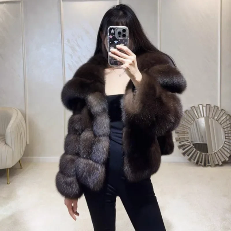 Autumn Winter Women's Fashion Classic Flared Sleeve Thickening Warm Imitation Fur Coat Women's Large Lapel Pockets Hooded Jacket