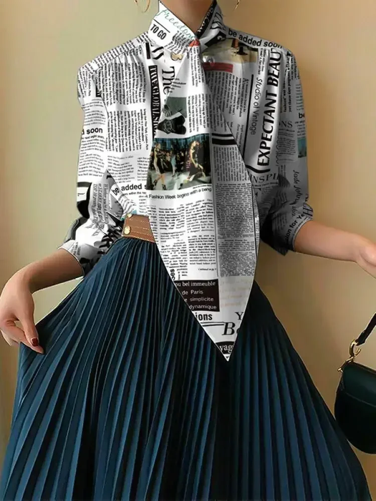 Lemongor Urban Female Newspaper Printed Tie Design High Neck Shirts 2025 New Spring Long Sleeves Casual Office Lady Blouses